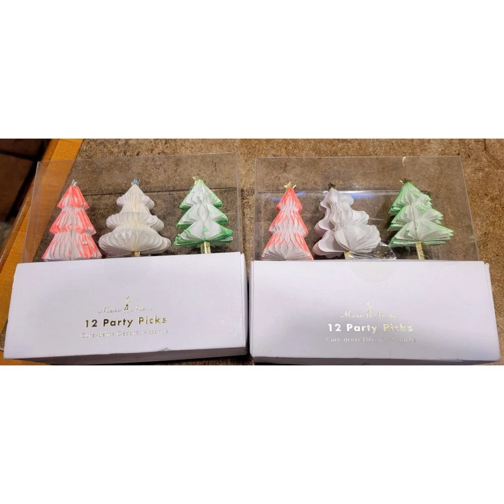 TWO NEW Meri Meri 12 Party Pick Honeycomb Tree Cupcake Toppers Christmas Holiday